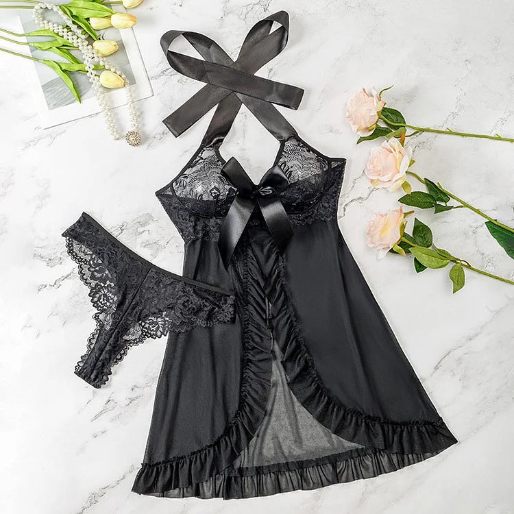 N2311 Lace Bow Sheer Babydoll Lingerie XL, Black